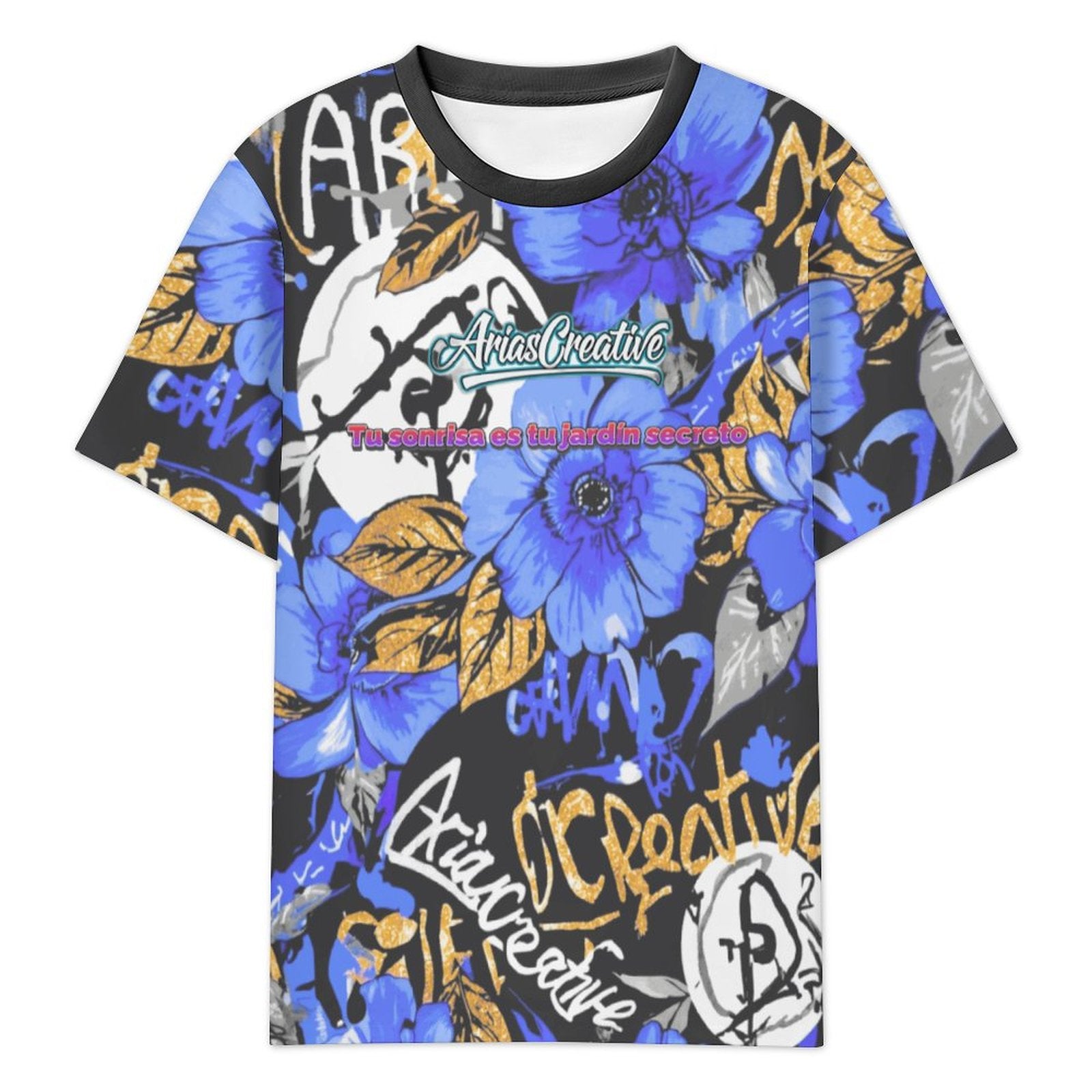 Camiseta manga corta AriasCreative con frase "Tu sonrisa es tu jardín secreto" en diseño colorido y estilo cómodo.