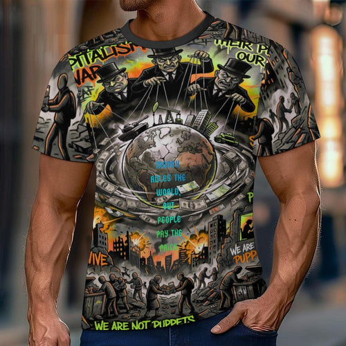 Camiseta corta de peaprint con estampado "Money Rules the World" y diseño urbano en fondo colorido.