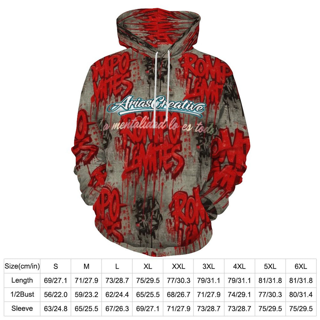 Sudadera con capucha AriasCreative "ROMPO MIS LÍMITES" en rojo y gris, con diseño de streetwear y estampado en el frente.