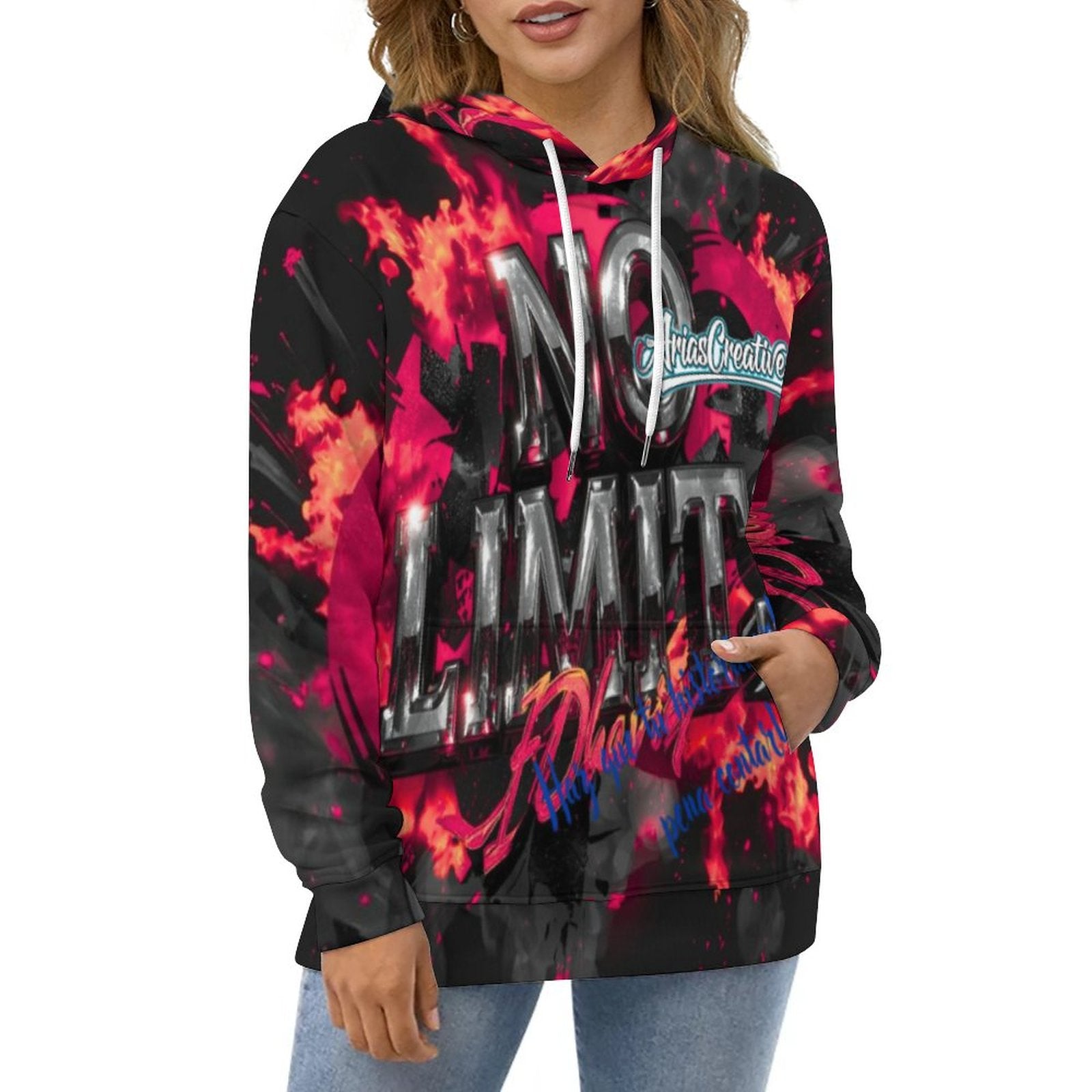 Men's hoodie by AriasCreative featuring double hood, all-over print, and motivational phrases in urban style.