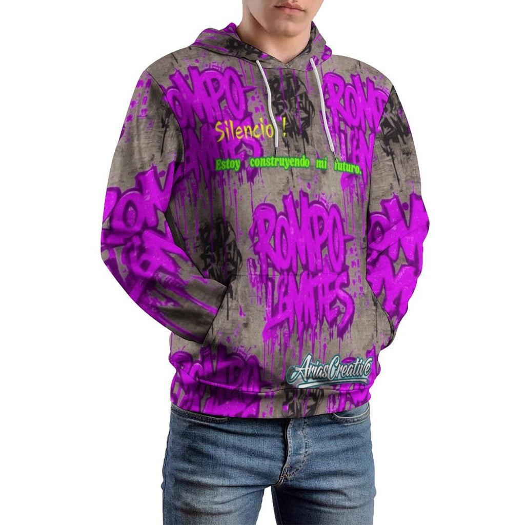 Sudadera con capucha AriasCreative "ROMPO MIS LÍMITES" en rosa y gris brillante con patrón graffiti, tela suave y moderna.