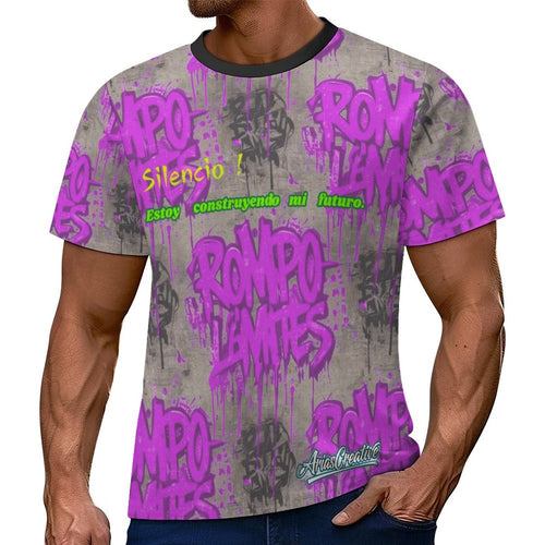 Camiseta manga corta rosa y gris de AriasCreative con mensaje “ROMPO MIS LÍMITES” en estilo moderno.