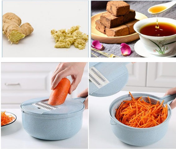 Cortador de verduras multifunción AriasCreative 8 en 1 con accesorios y cuchillas para preparar alimentos en la cocina.