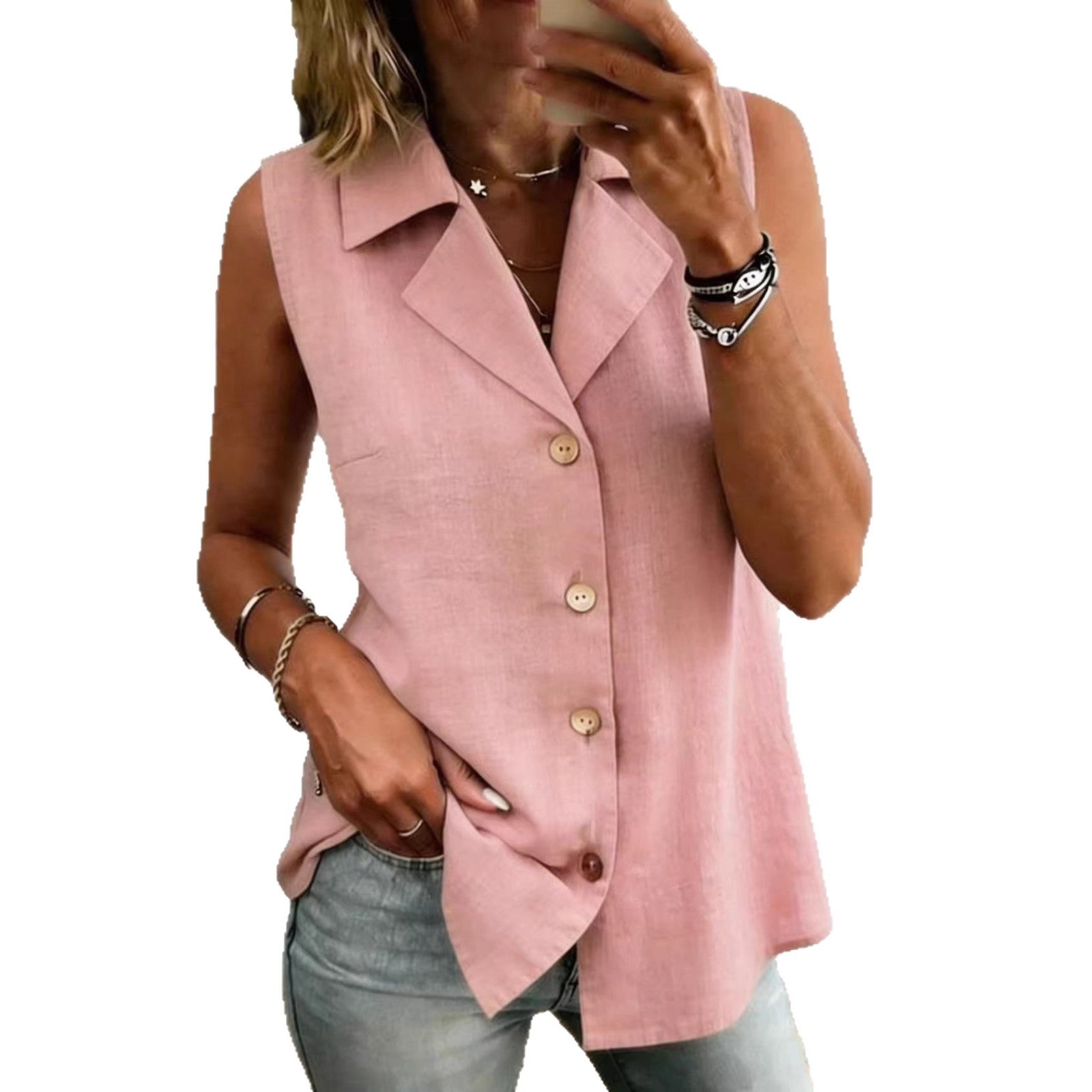 Chaleco de mujer sin mangas, liso y cómodo, con diseño abotonado en color neutro, de la marca AriasCreative.