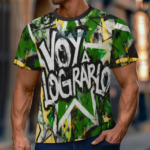 Camiseta corta de peaprint con diseño motivacional "Voy a Lograrlo" en estilo urbano, fondo claro y detalles modernos.