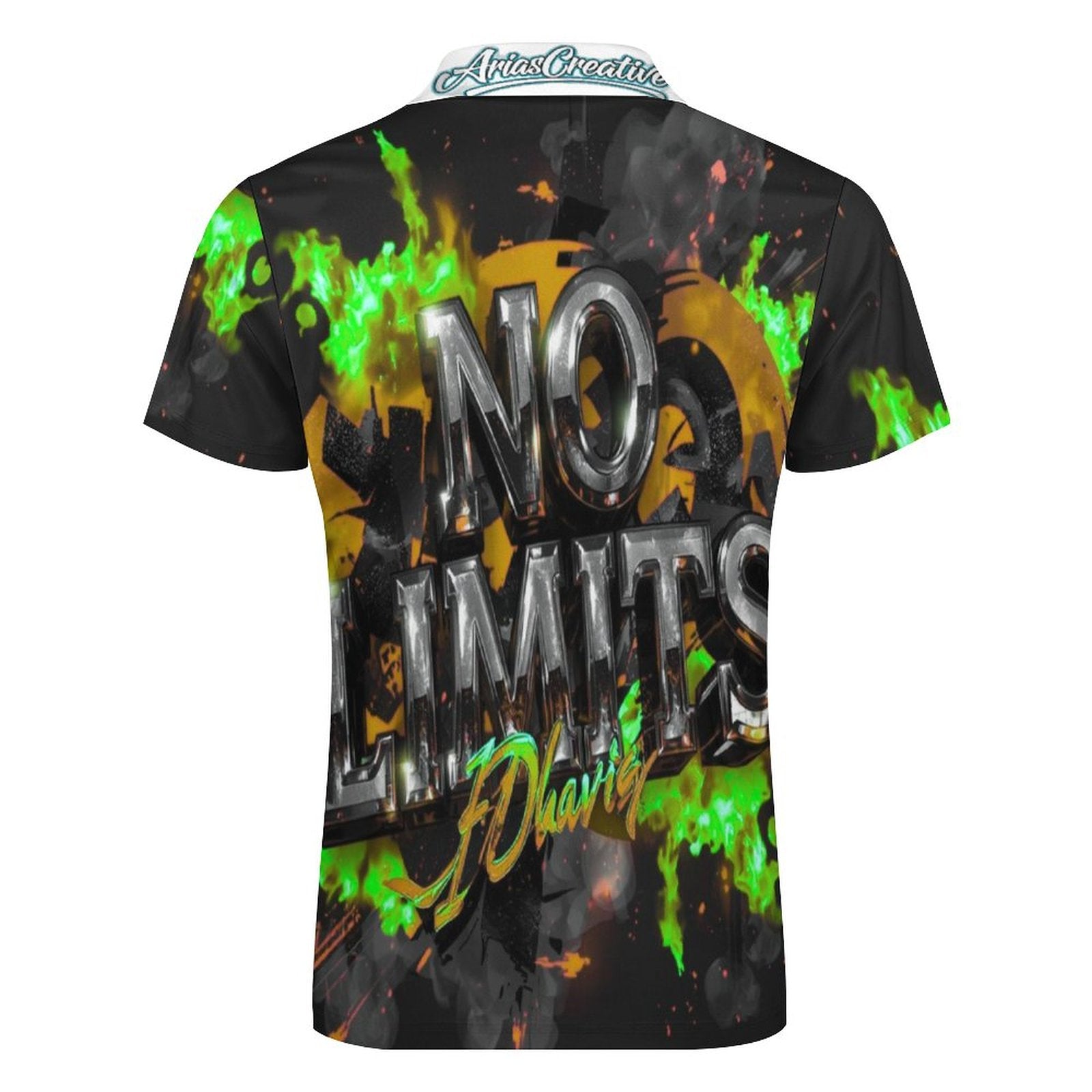 Green, black, and gray AriasCreative polo shirt for men, featuring a trendy “No Limits” streetwear design.