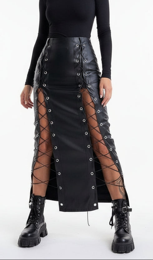 Falda Lápiz PU con Abertura y Cordones – Estilo Urbano - ariascreative