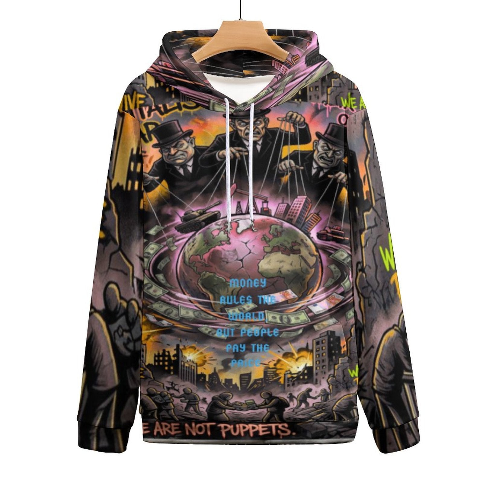 Hombre sudadera con capucha de AriasCreative™, doble capa, estampado “Money Rules the World” en arte social y urbano.