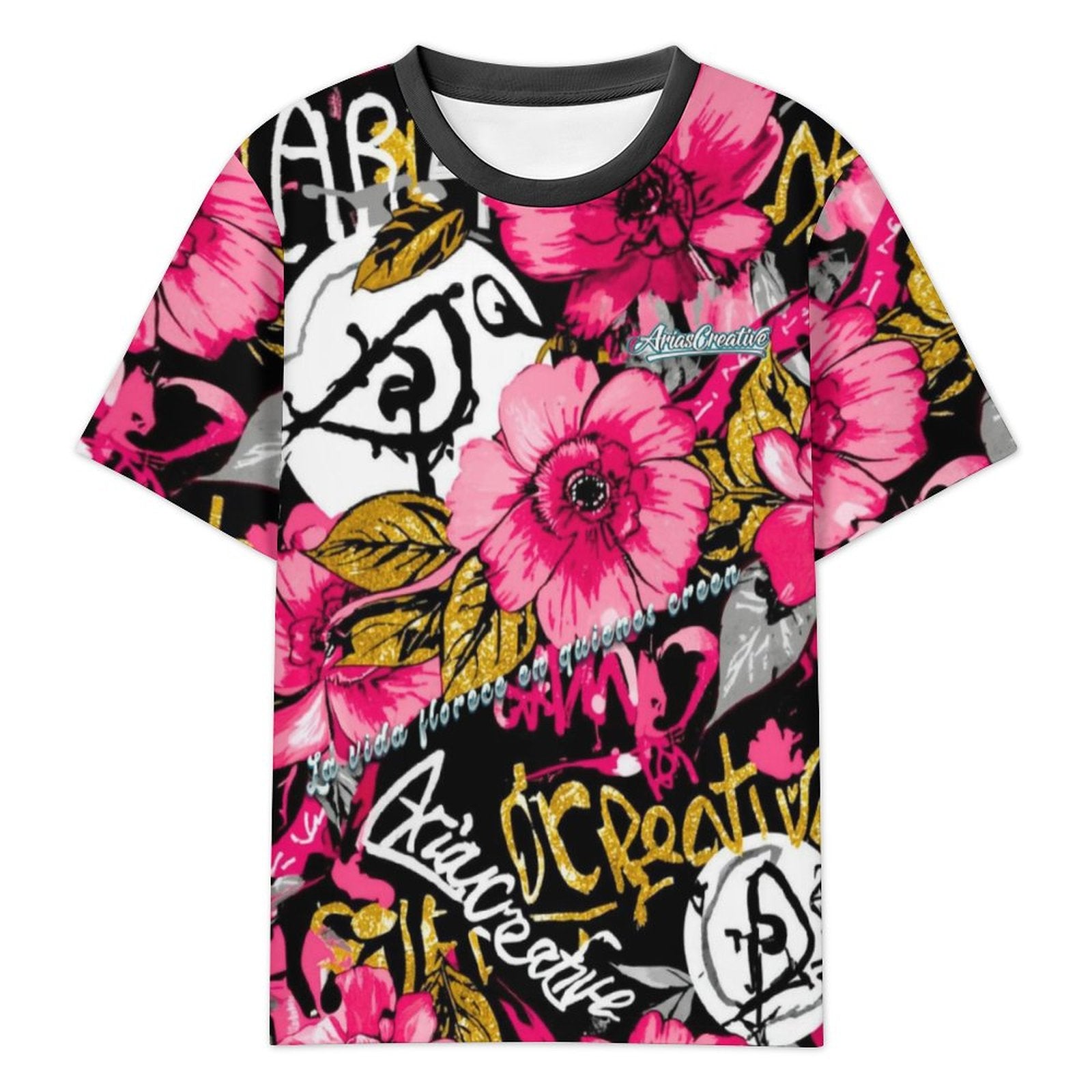 Camiseta manga corta AriasCreative Urban Bloom con diseño floral y mensaje "Cultiva amor, cosecha felicidad".