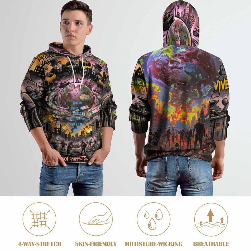 Hombre hoodie peaprint 230gsm con capucha doble y all-over print "Money Rules the World, But People Pay the Price".