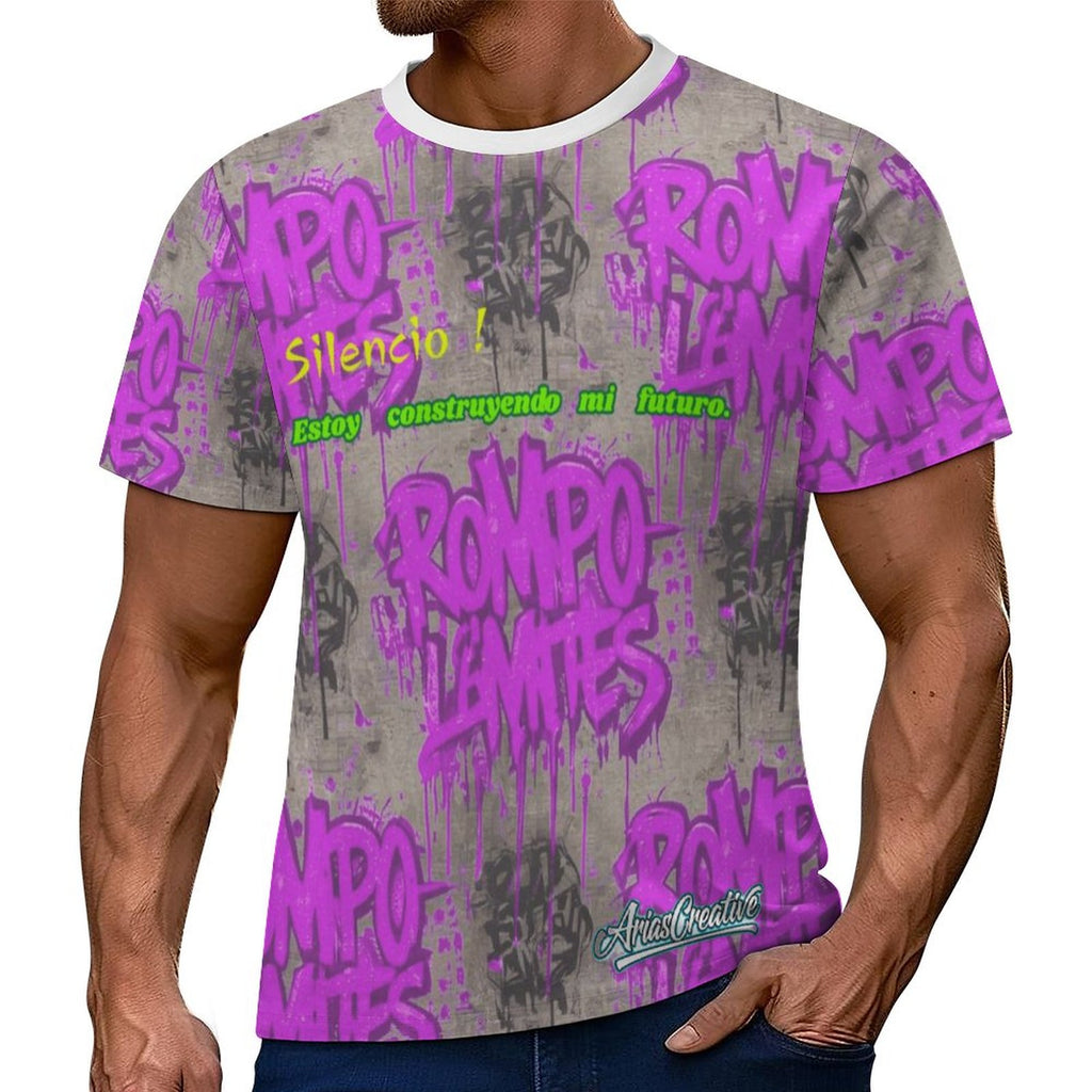 Camiseta de manga corta AriasCreative “ROMPO MIS LÍMITES” en color rosa y gris, vista frontal sobre fondo neutro.