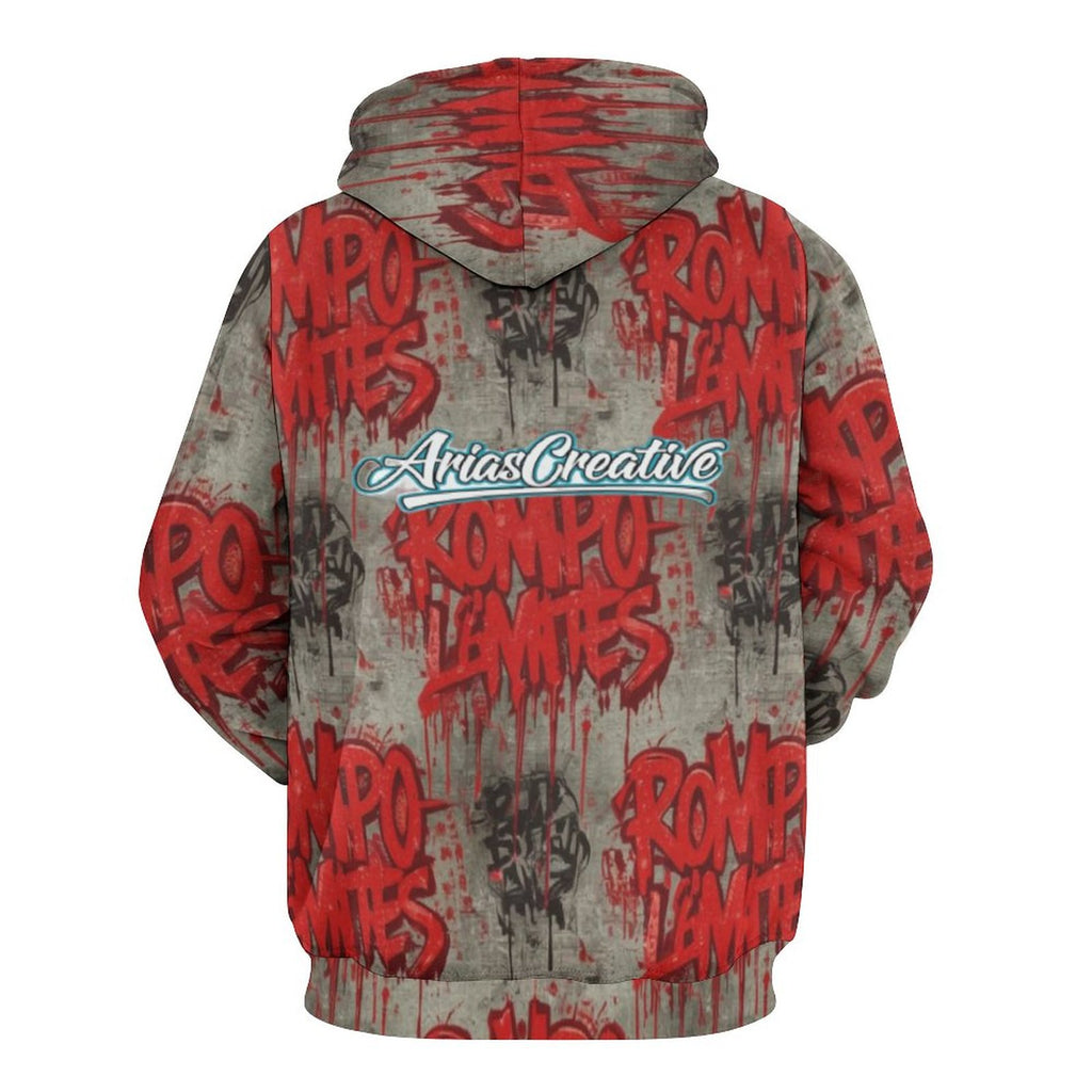 Sudadera con capucha AriasCreative "ROMPO MIS LÍMITES" en rojo y gris, con diseño streetwear y logotipo visible.