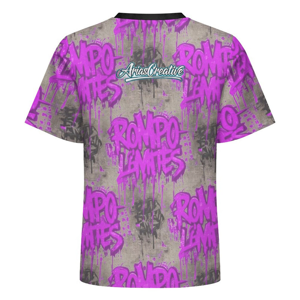 Camiseta manga corta rosa y gris de AriasCreative con el lema "ROMPO MIS LÍMITES" en tela suave.