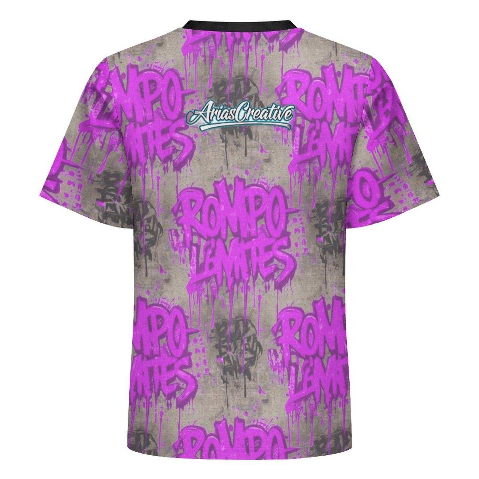 Camiseta manga corta rosa y gris de AriasCreative con el lema "ROMPO MIS LÍMITES" en tela suave.