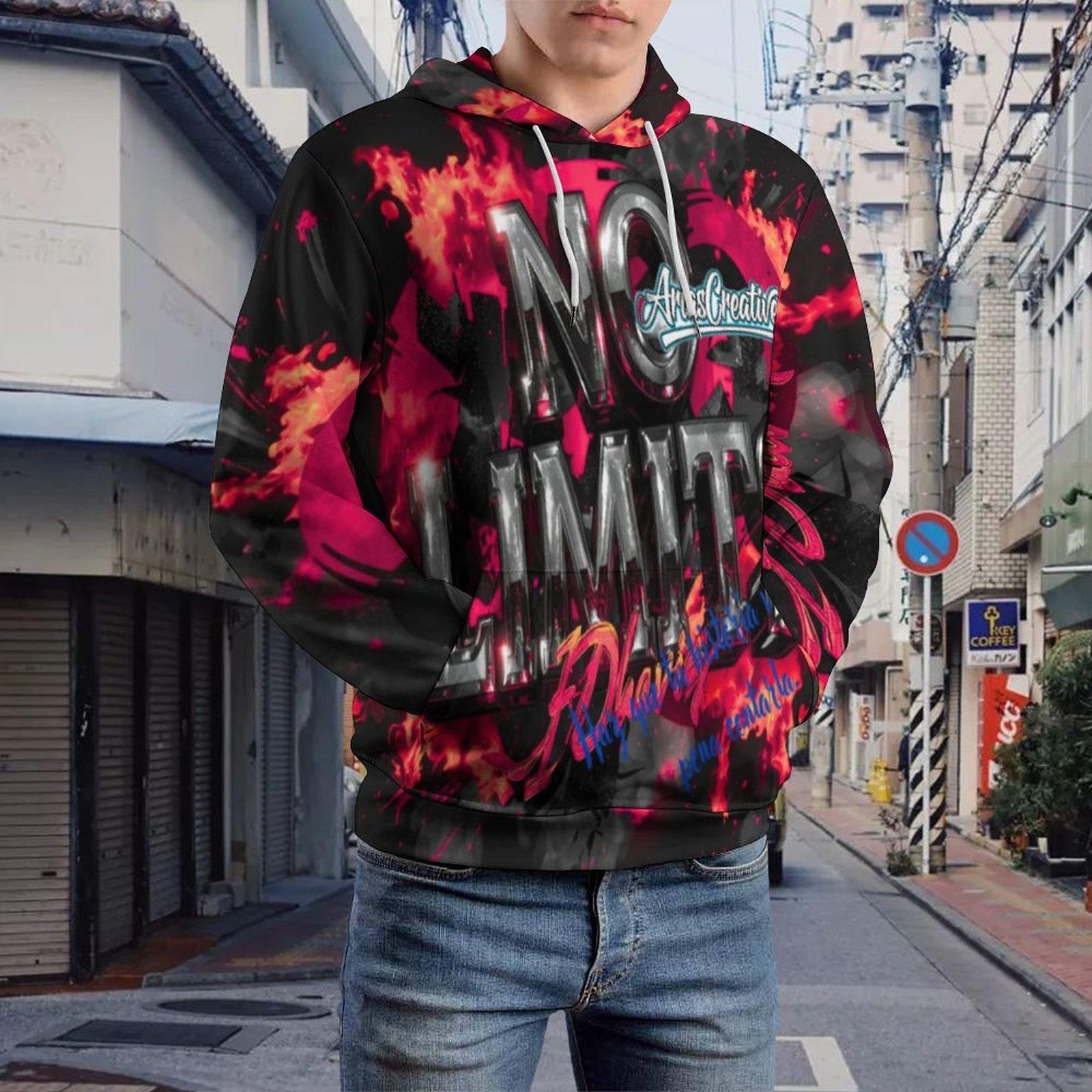 Hoodie Masculino AriasCreative "No Limits" with double hood, all-over print, and motivational phrases in urban style.