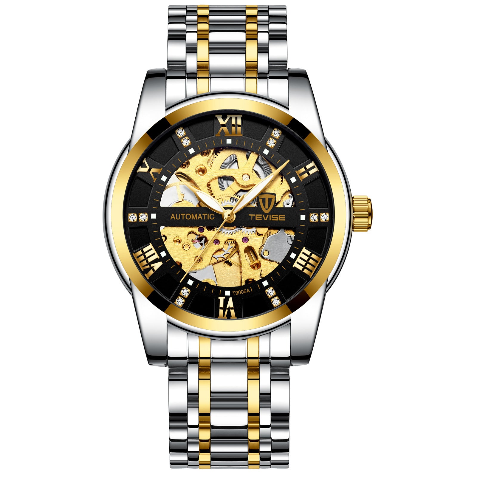 Mechanical watch with hollowed-out steel bracelet from AriasCreative, showcasing a sleek design for casual men's wear.