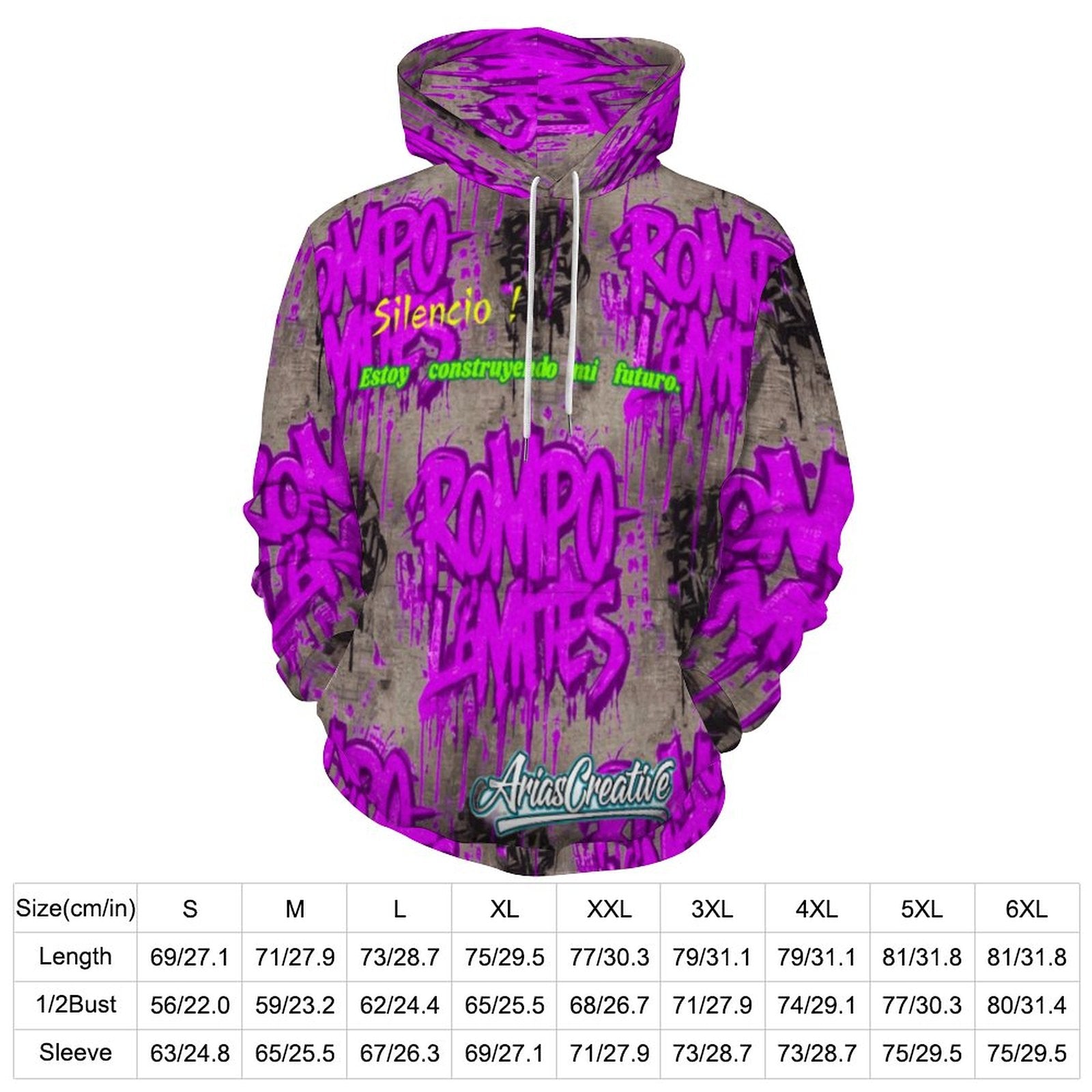 Sudadera con capucha AriasCreative "ROMPO MIS LÍMITES" con patrón graffiti rosa y gris brillante, diseño moderno y llamativo