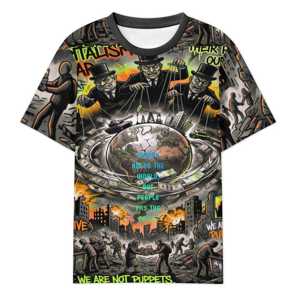 Camiseta corta de peaprint con estampado "Money Rules the World" sobre fondo colorido, arte urbano social.