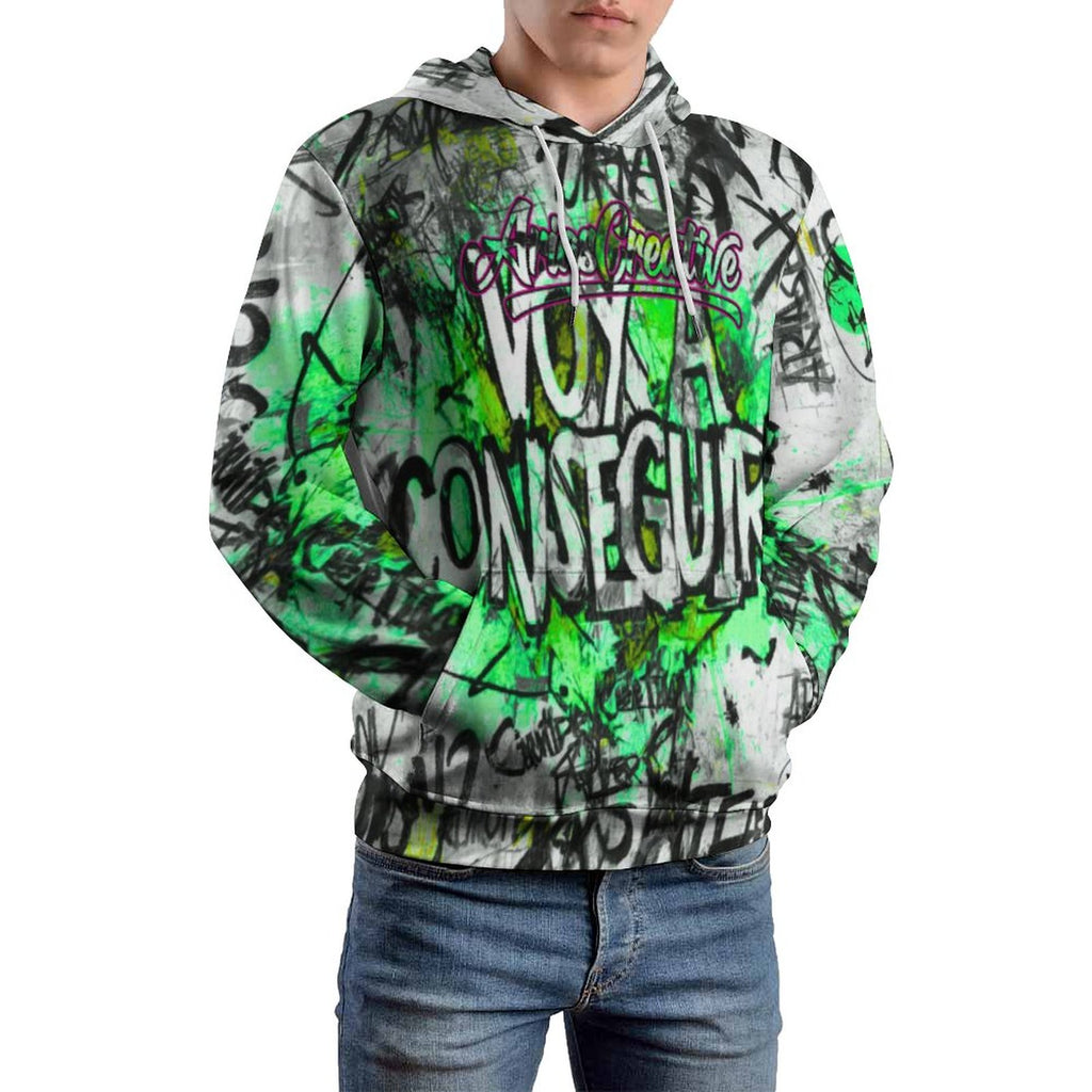 Sudadera verde para hombre de AriasCreative™ con capucha doble y diseño all-over print, ideal para streetwear.