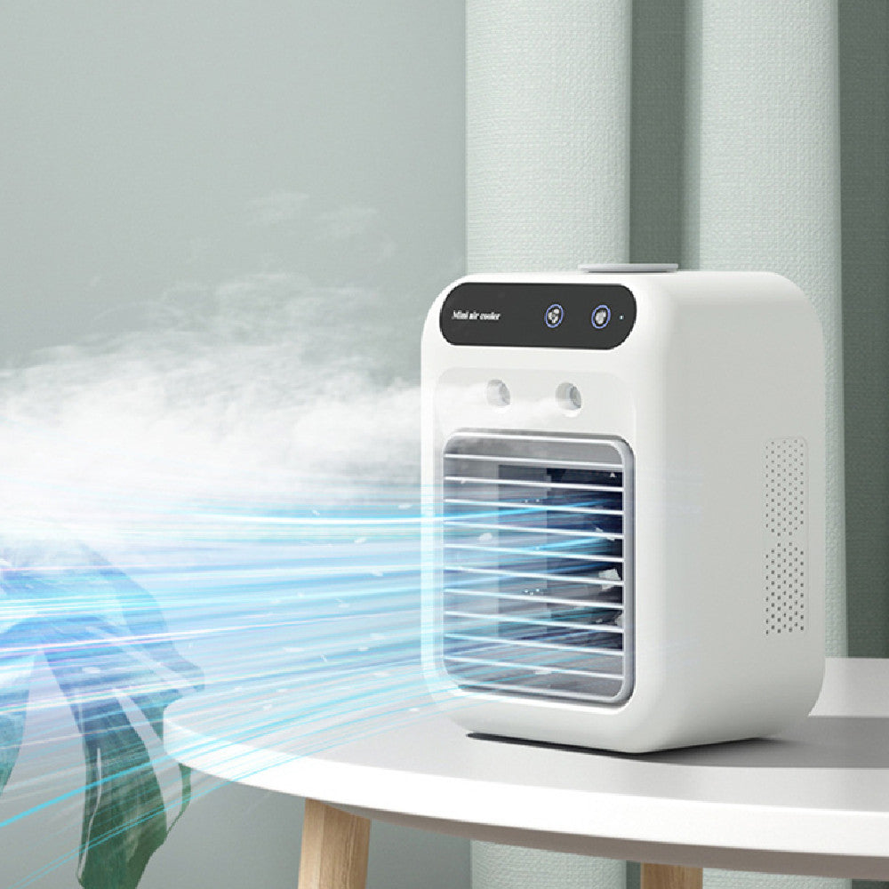 Enfriador de aire portátil de mesa AriasCreative con ventilador, humidificador, pantalla táctil y depósito de agua para uso en hogar y oficina.