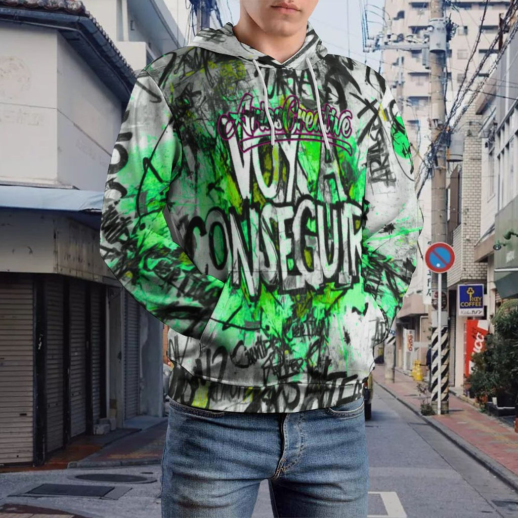 Sudadera verde para hombre de AriasCreative™ con capucha doble y estampado integral en estilo streetwear.