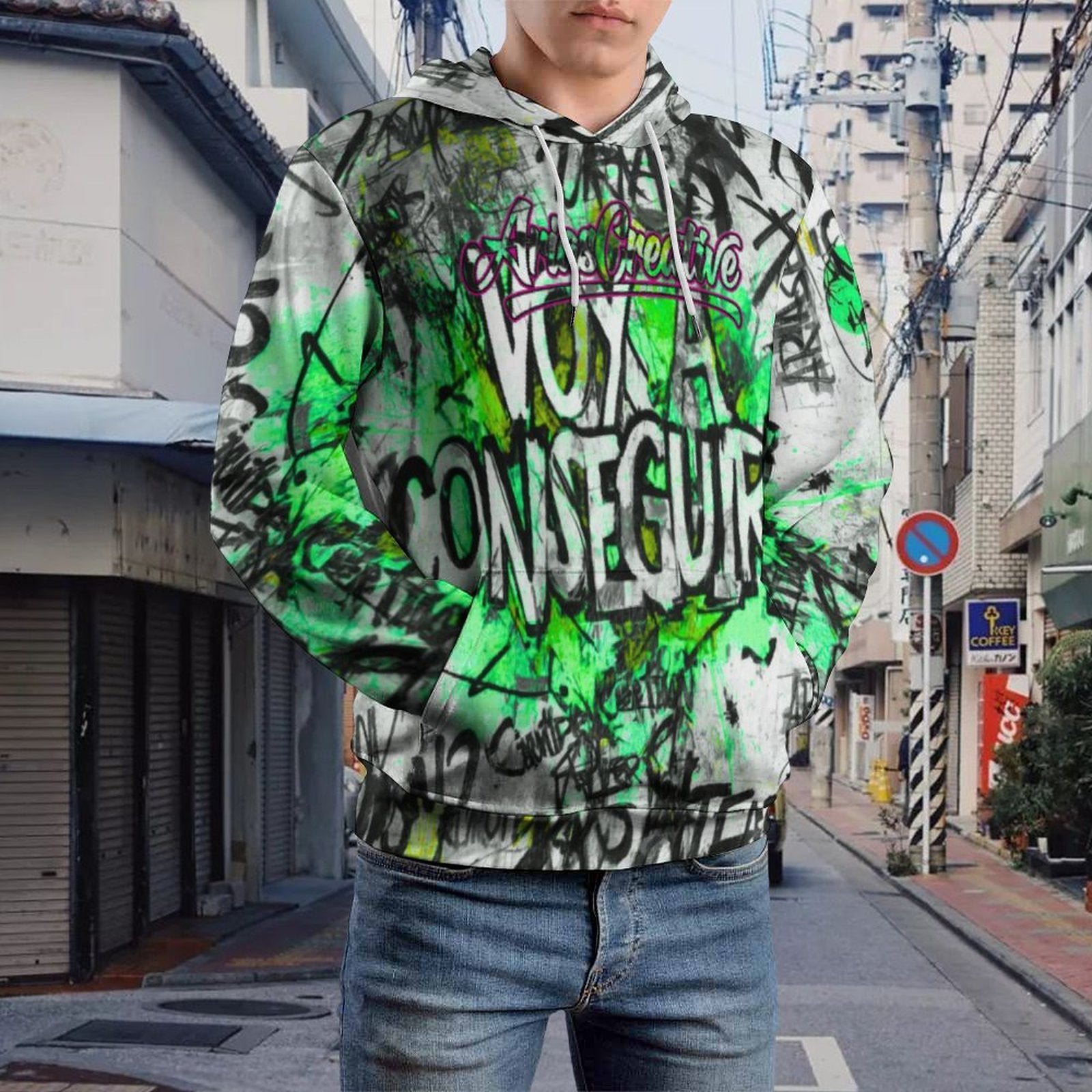 Sudadera verde para hombre de AriasCreative™ con capucha doble y estampado integral en estilo streetwear.
