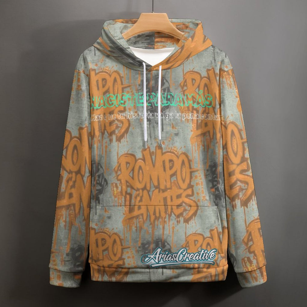 Sudadera con capucha AriasCreative "ROMPO MIS LÍMITES" en estilo streetwear urbano, con diseño destacado en la parte frontal.