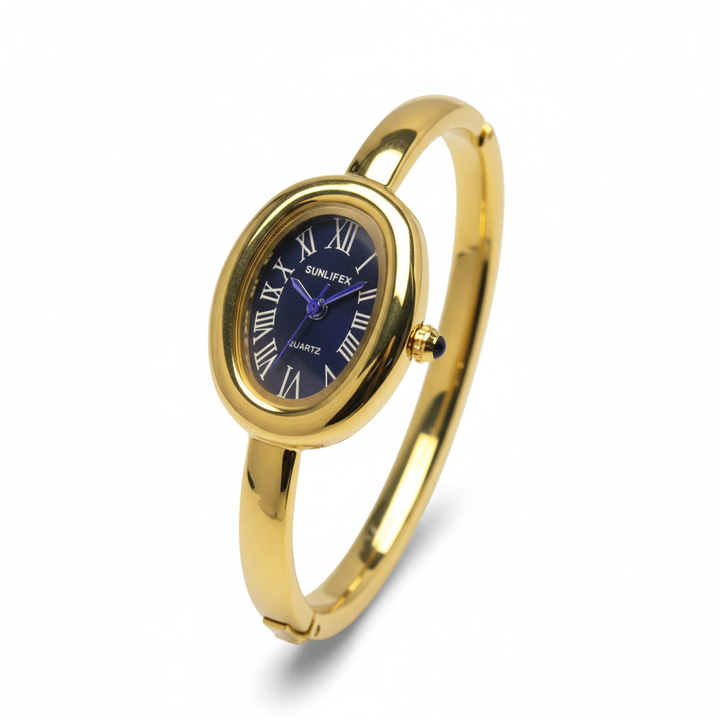 Reloj elegante AriasCreative para mujer, diseño ovalado con cristales brillantes y pulsera de aleación en estilo europeo.