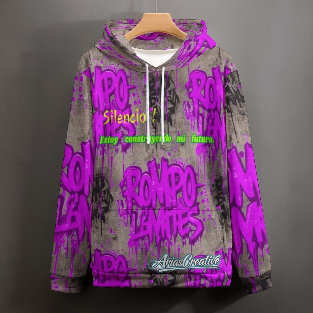 Sudadera con capucha AriasCreative "ROMPO MIS LÍMITES" con patrón graffiti rosa y gris brillante, diseño llamativo y moderno.