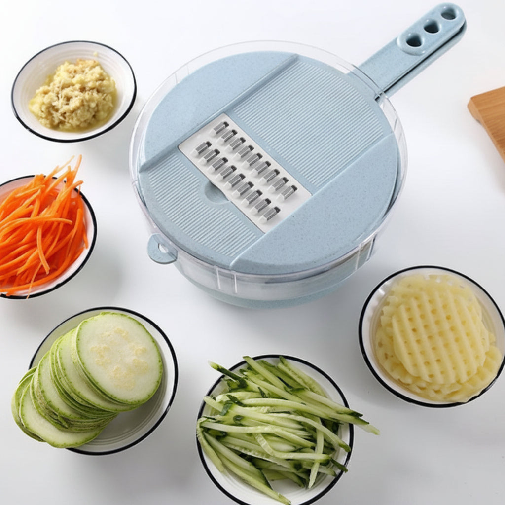 Cortador de verduras multifunción AriasCreative 8 en 1 con cuchillas y accesorios para cortar, rallar y rebanar verduras.