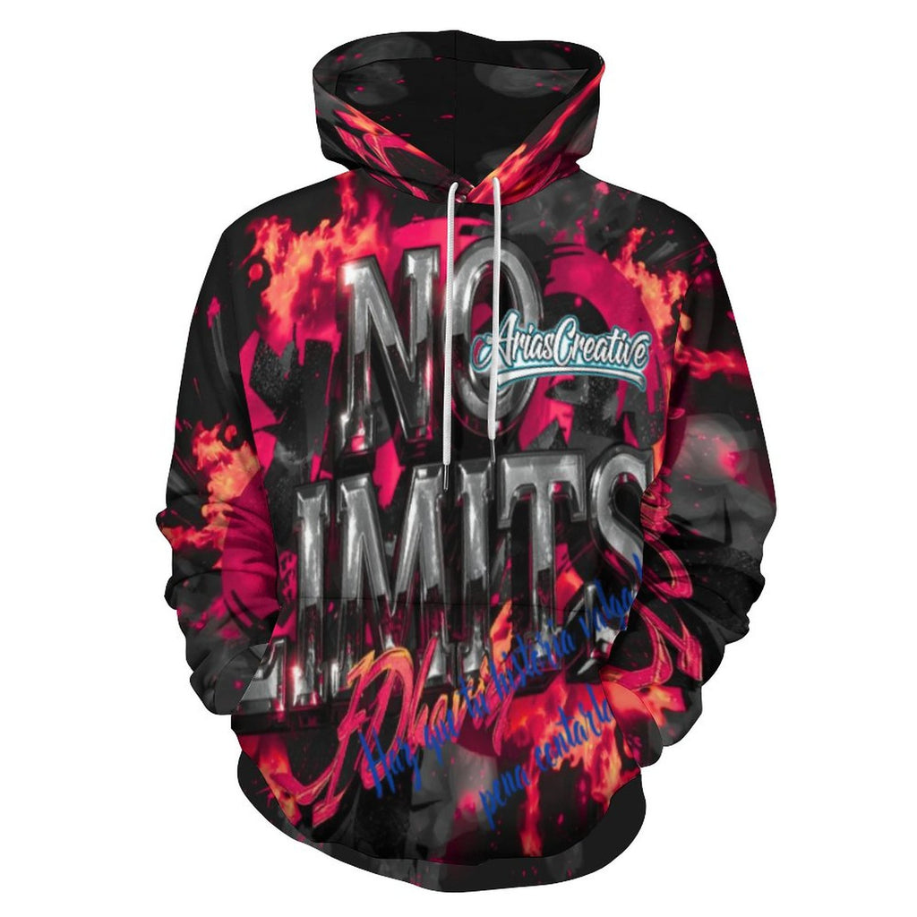 Hoodie Masculino AriasCreative "No Limits" featuring double hood, all-over print, and motivational phrases in urban style.