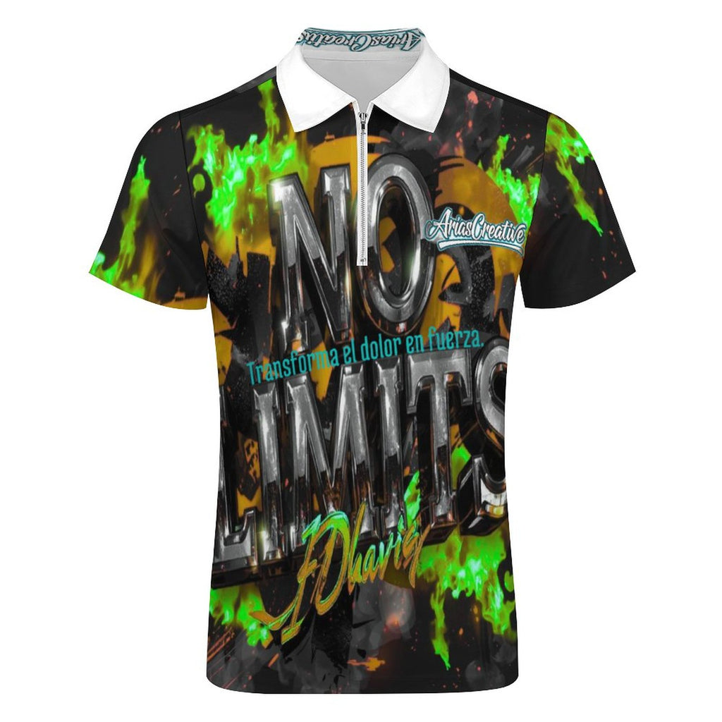AriasCreative men's polo in green, black, and gray, featuring a "No Limits" design for streetwear style.