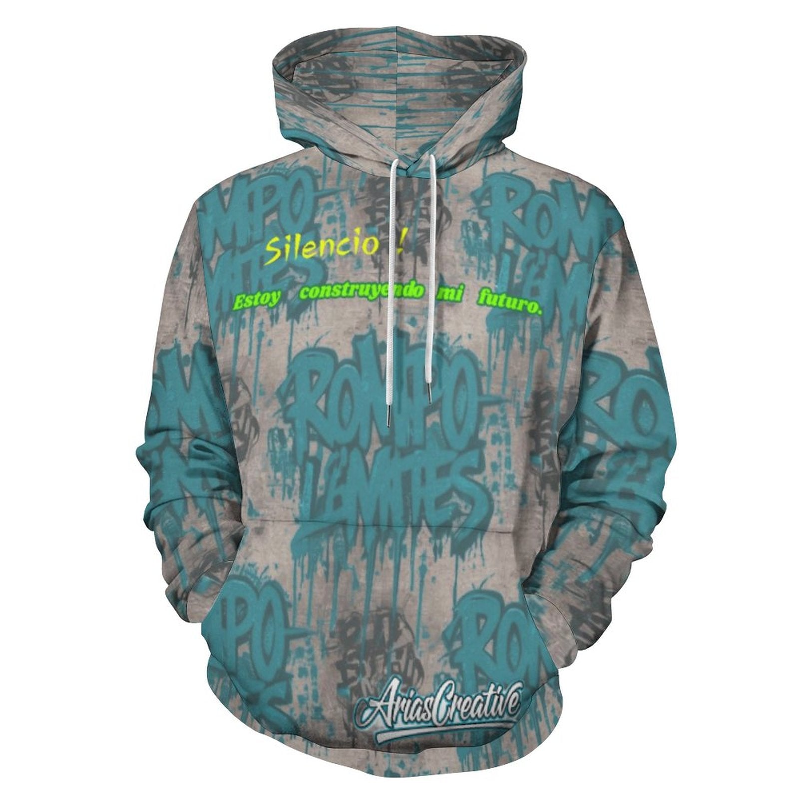 Sudadera con capucha peaprint "ROMPO MIS LÍMITES" de AriasCreative, estilo streetwear urbano premium, vista frontal.