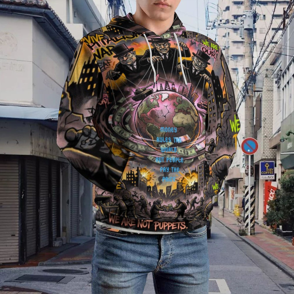 Hombre hoodie 230gsm de AriasCreative™ con capucha doble y estampado social "Money Rules the World" de peaprint.