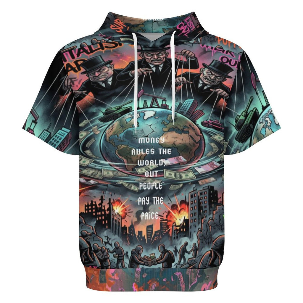 Hoodie de manga corta de peaprint con capucha, estampado "Money Rules the World" y arte social urbano.