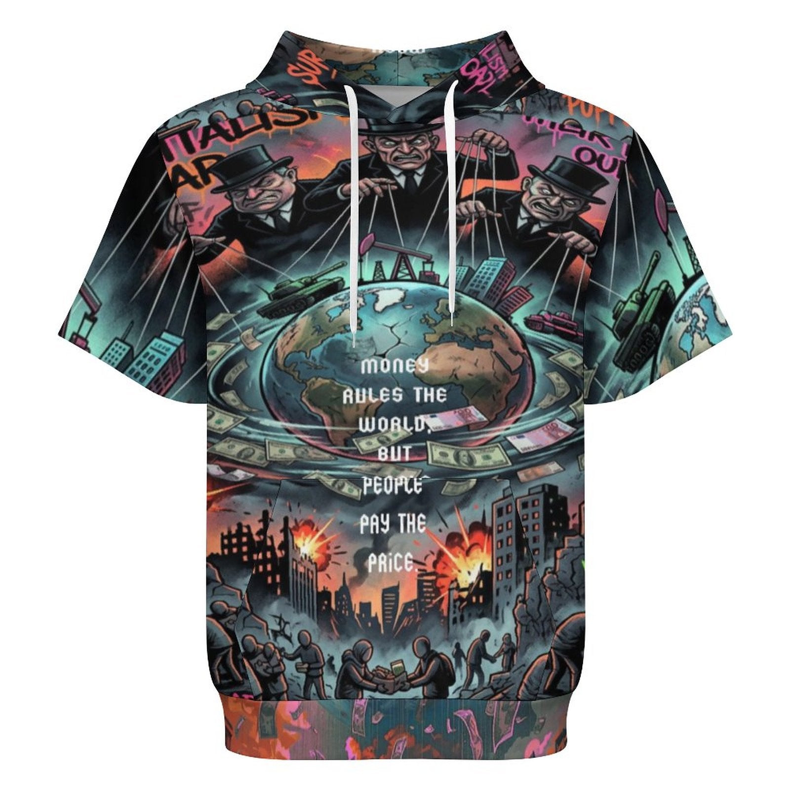 Hoodie de manga corta de peaprint con capucha, estampado "Money Rules the World" y arte social urbano.