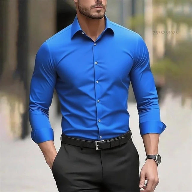 Camisa de hombre de manga larga de fibra de bambú en color liso, cómoda y elegante de la marca AriasCreative.