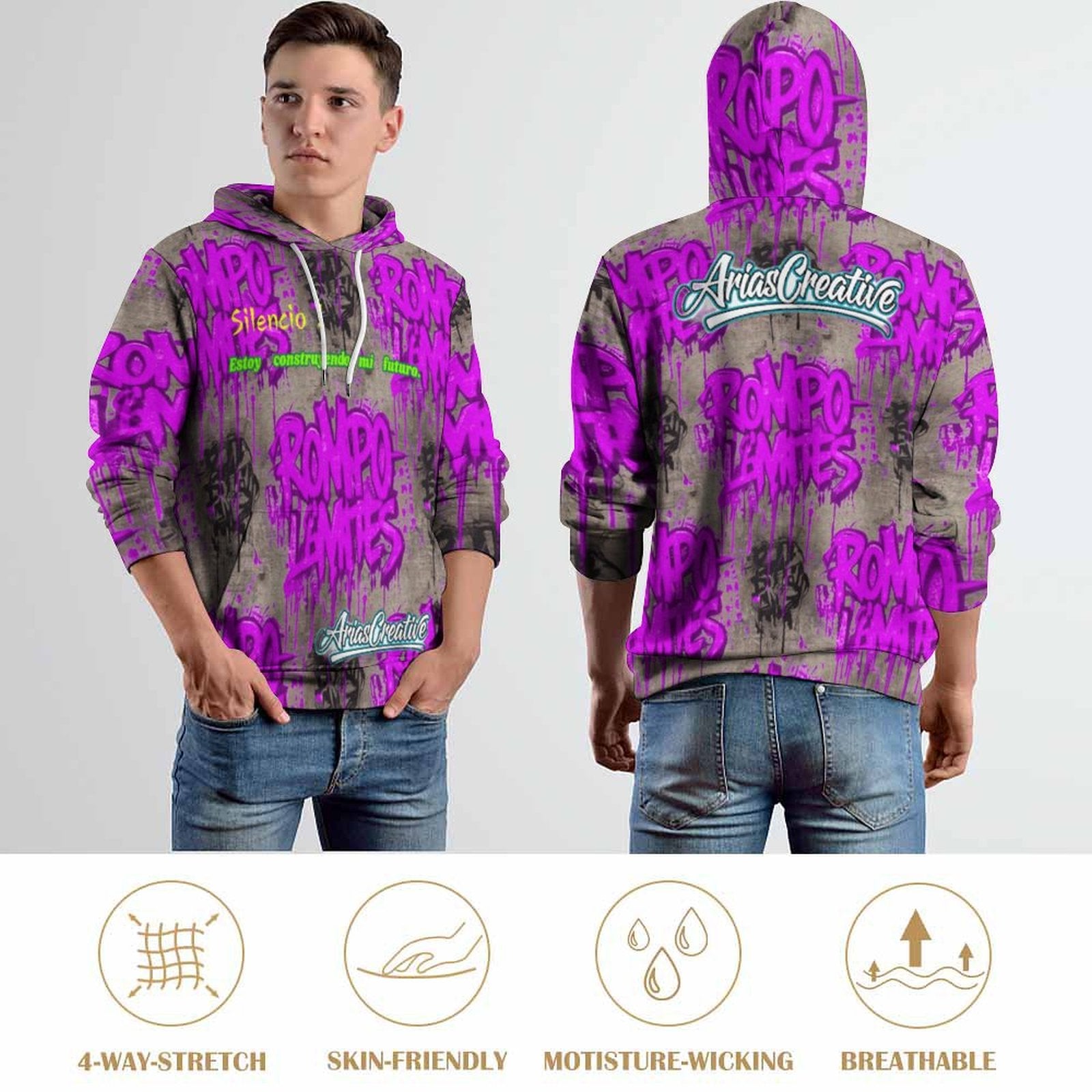 Sudadera con capucha AriasCreative "ROMPO MIS LÍMITES" en rosa y gris brillante con patrón graffiti, vista frontal
