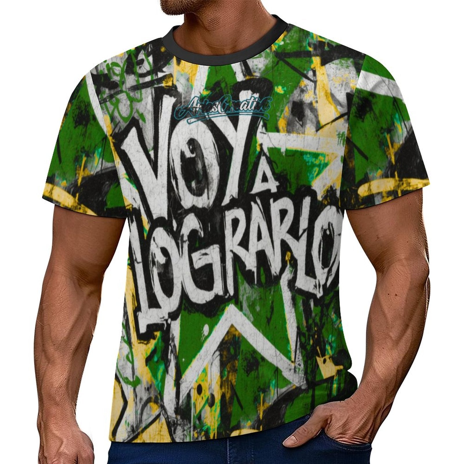 Camiseta de manga corta peaprint AriasCreative™ con diseño urbano "Voy a Lograrlo" en fondo claro.