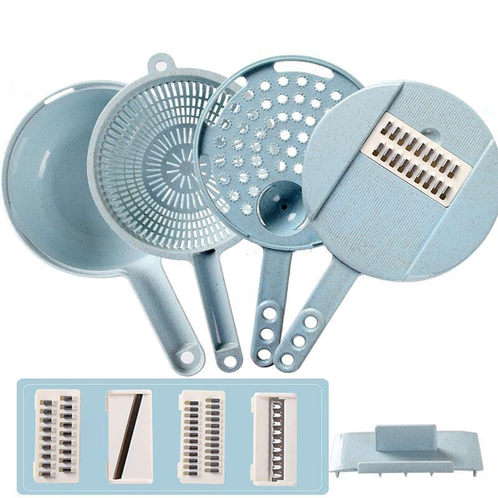 Cortador de verduras multifunción AriasCreative 8 en 1 con diferentes cuchillas y accesorios para preparar alimentos.