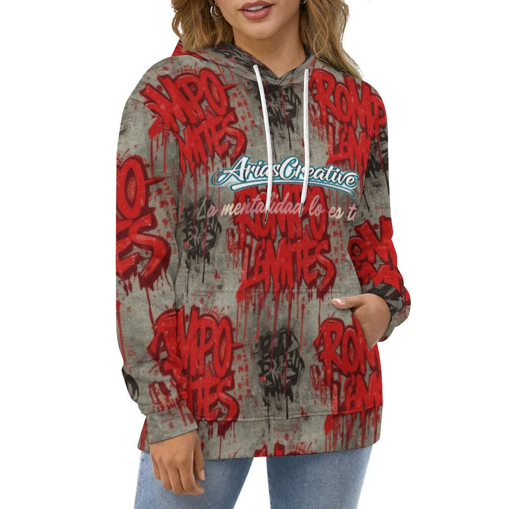 Sudadera con capucha AriasCreative "ROMPO MIS LÍMITES" en rojo y gris, con diseño de streetwear y logotipo en la parte frontal.