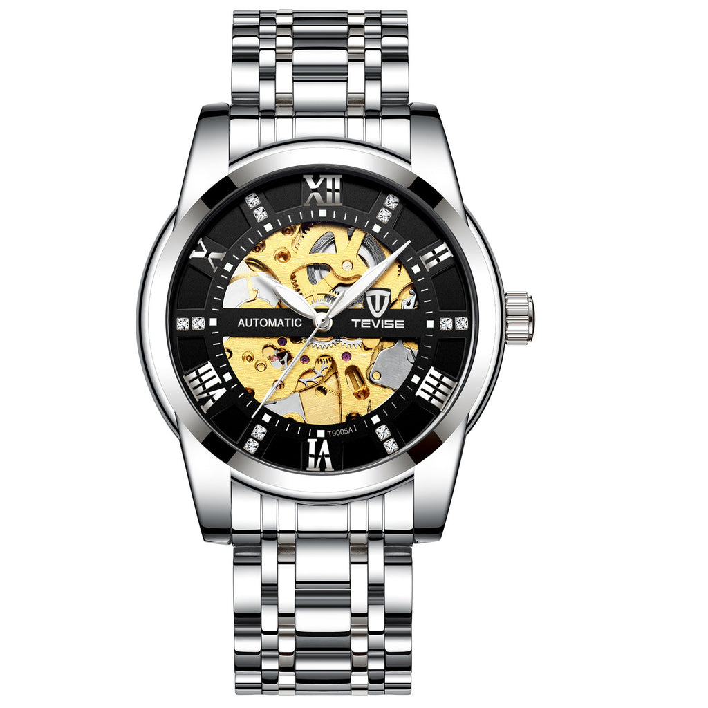 AriasCreative T900 Series mechanical watch with a hollowed-out steel bracelet for men, showcasing its intricate design.