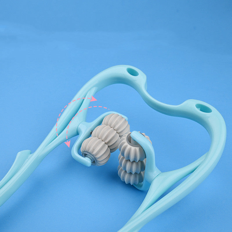 Masajeador cervical manual AriasCreative con 6 rodillos, diseño ergonómico en azul o rosa para cuello, hombros y espalda.