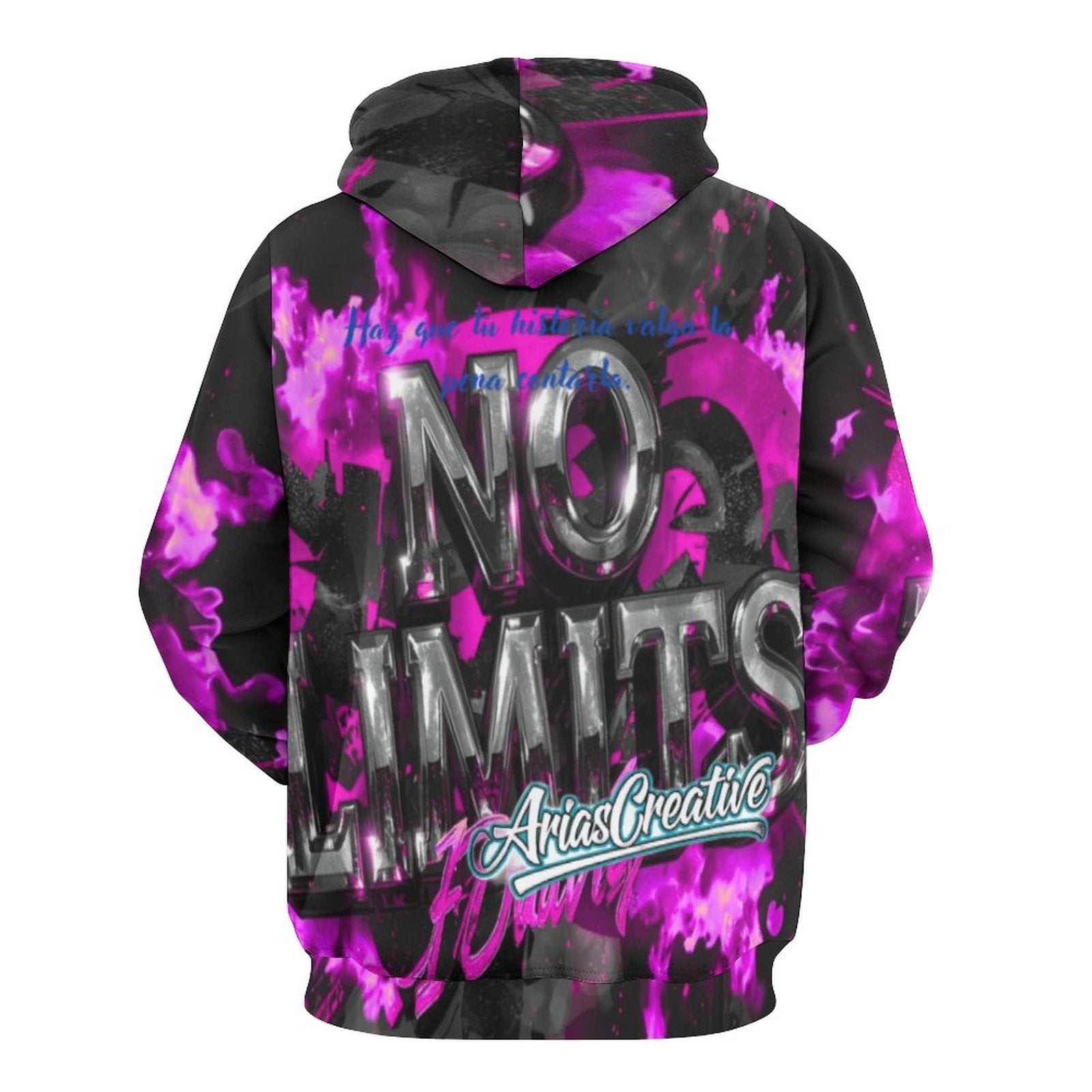 Hoodie streetwear from AriasCreative featuring graffiti design in pink, black, and gray with motivational phrases.