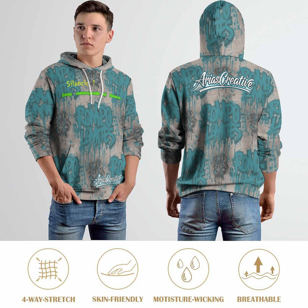 Sudadera con capucha AriasCreative "ROMPO MIS LÍMITES" en streetwear urbano de marca peaprint, color gris con diseño en la parte frontal