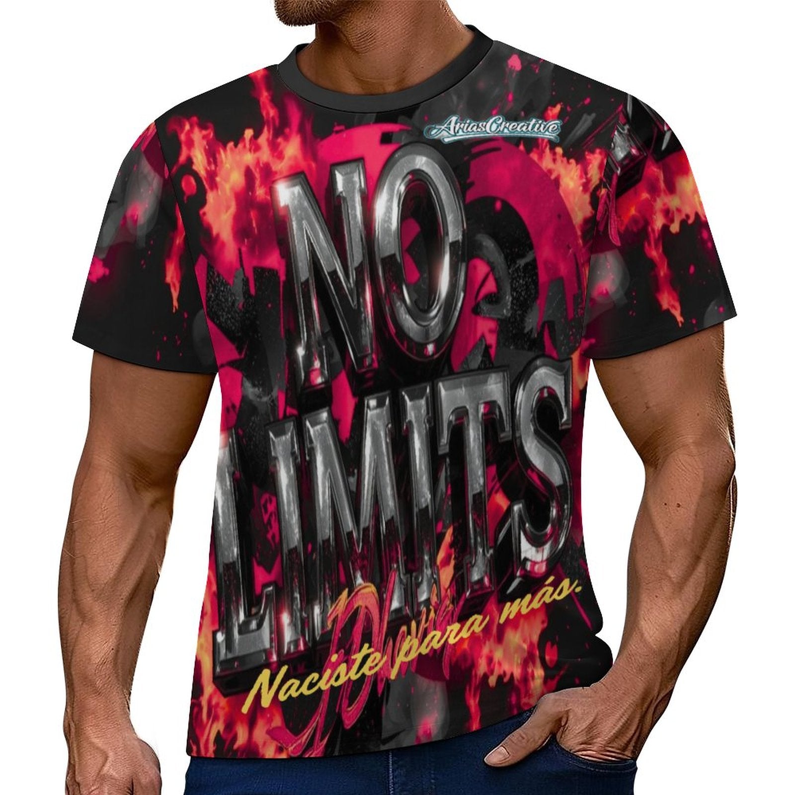 Camiseta de manga corta AriasCreative "No Limits" con frase motivadora, en color blanco, vista frontal.