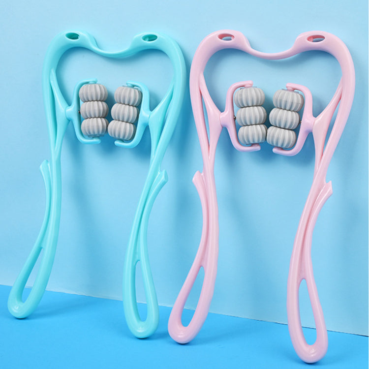 Masajeador cervical manual AriasCreative con 6 rodillos, diseño ergonómico en azul o rosa para cuello, hombros y espalda.