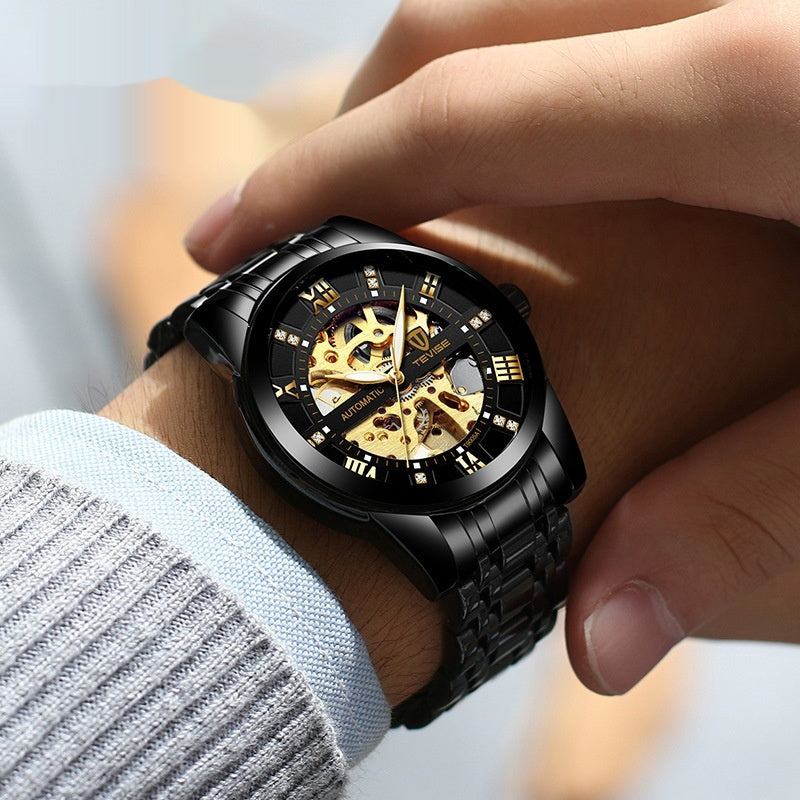 Hollowed-out steel bracelet mechanical watch for men, T900 Series by AriasCreative, showcasing a stylish design.