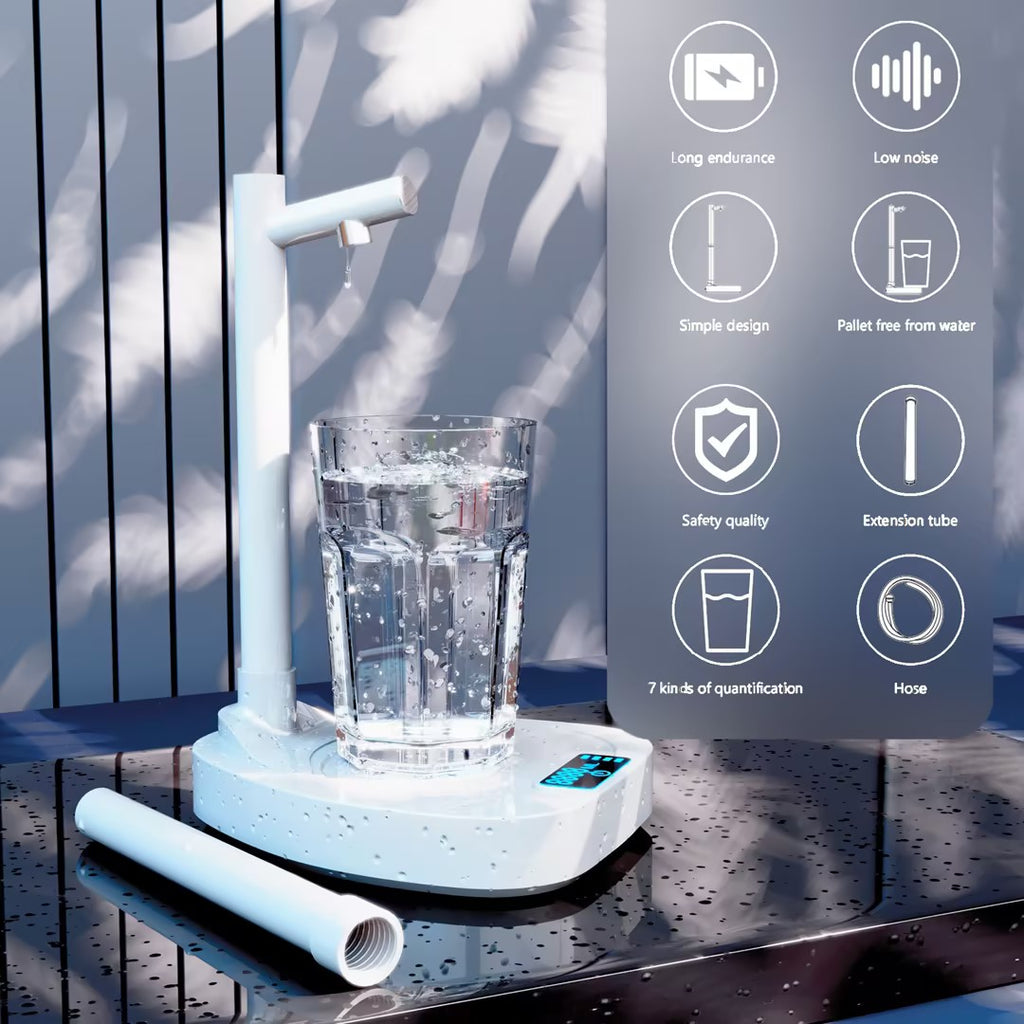 Dispensador de agua eléctrico automático AriasCreative en color blanco y azul con soporte, tubo extensible y niveles de dosificación.