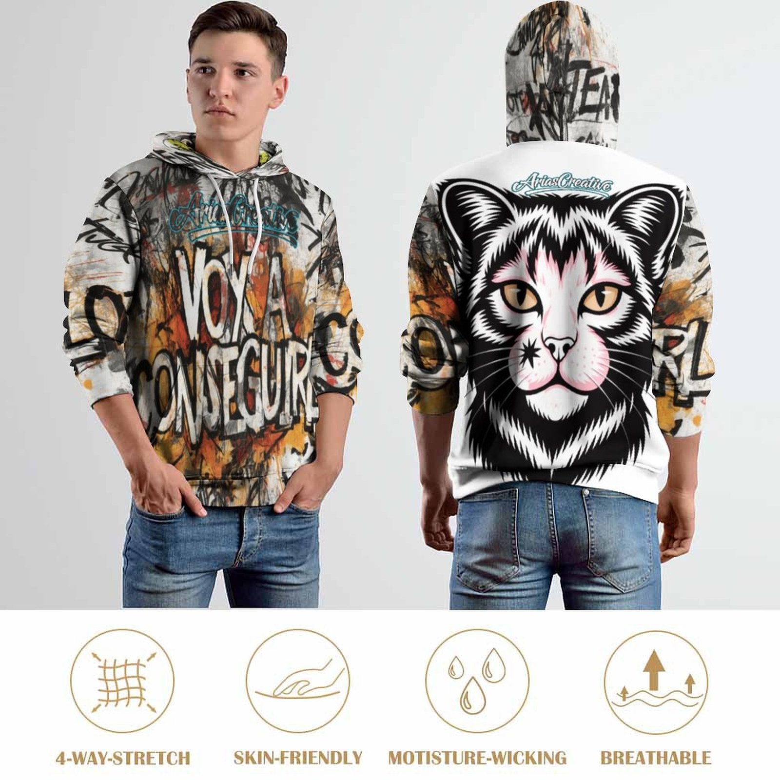 Hombre en sudadera con capucha Graffiti de AriasCreative™, diseño de gato callejero, estilo streetwear premium.
